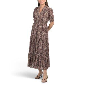 NEW MAX STUDIO LONDON Wine Short Sleeve V-neck Smocked Tiered Maxi Dress